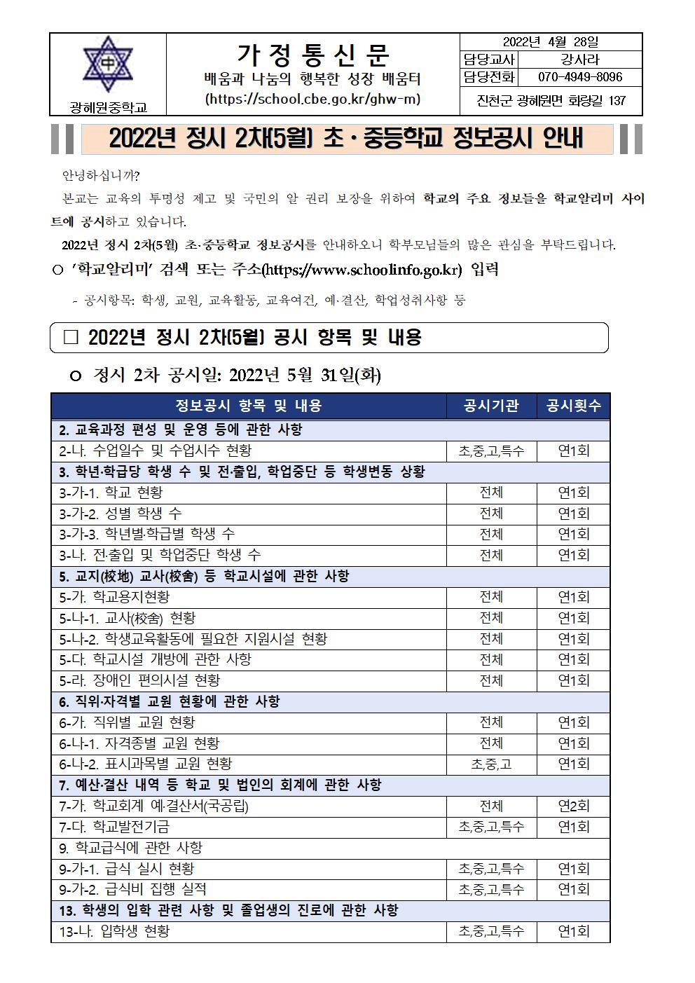 2022년 정시 2차(5월) 정보공시 가정통신문001