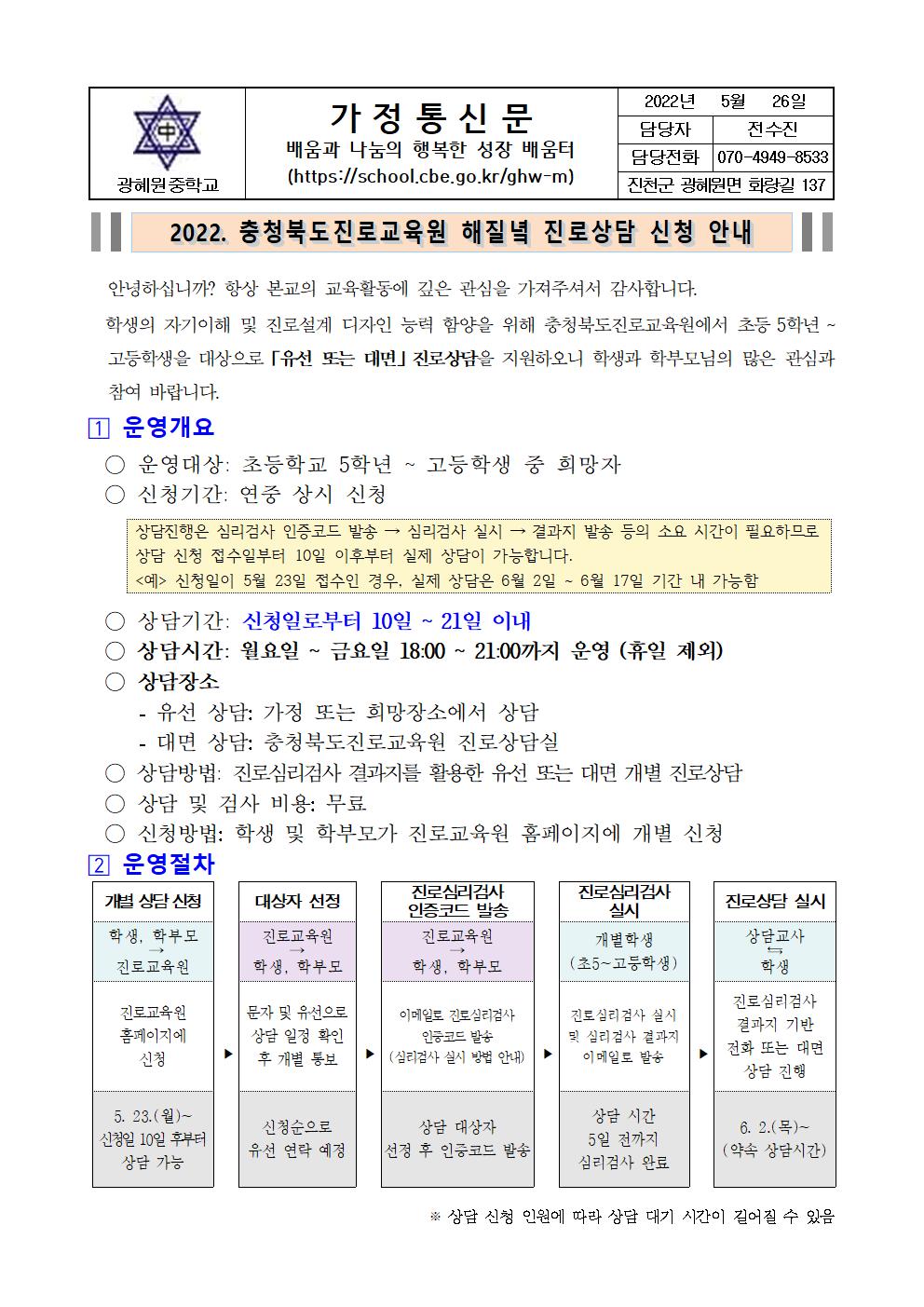 2022.해질녁 진로상담 신청 안내 가정통신문001