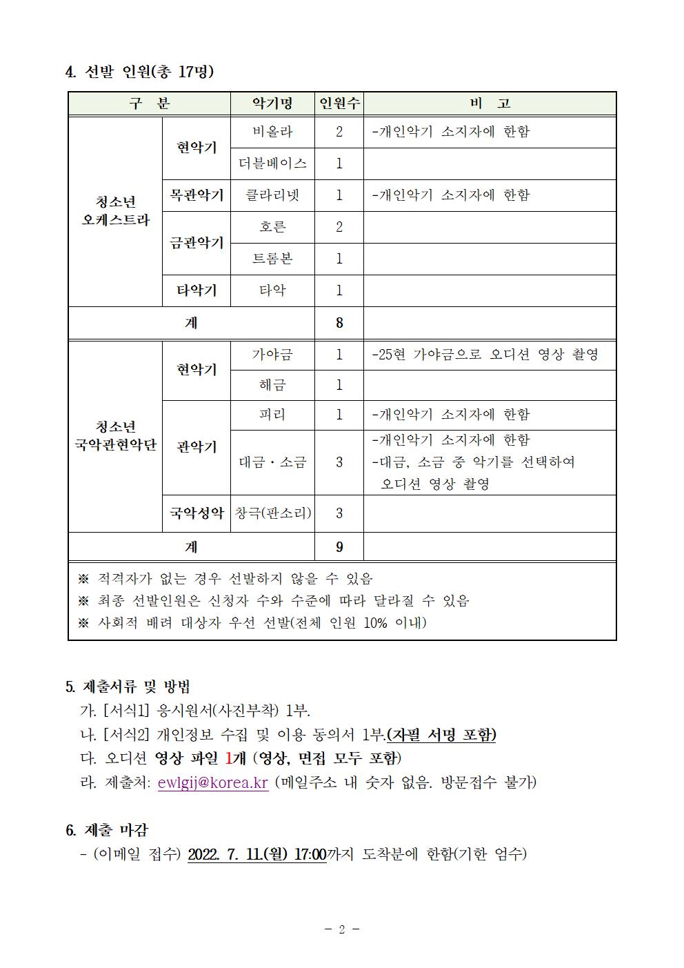 2022. 충청북도교육청 청소년예술단 신입단원 추가 선발 비대면 오디션 공고002